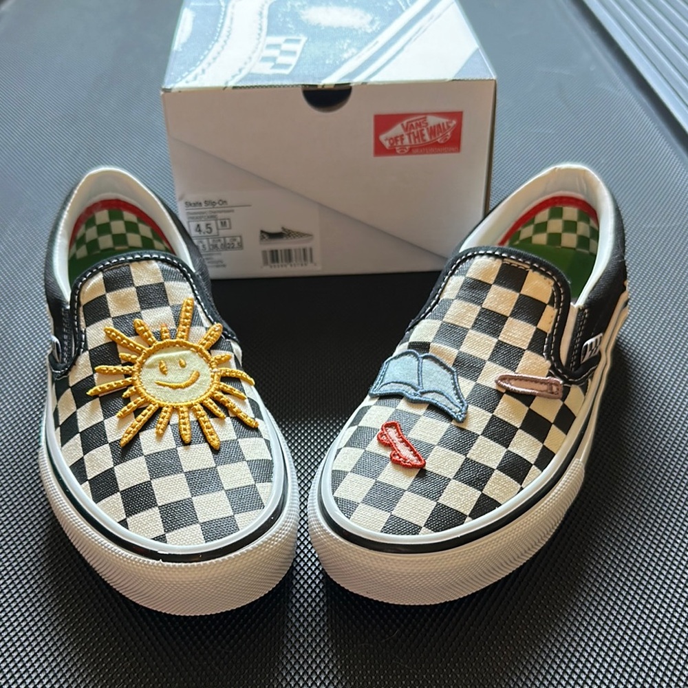 Vans Kids Checkered Slip-On Sneakers - Black and White with Fun Patches